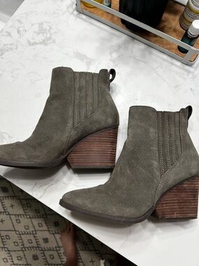 Toms Olive Suede Ankle Booties with Stacked Heel